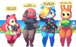  absurd_res aerth animal_crossing anthro beady_eyes black_body black_eyes blonde_hair blue_body blue_eyes blue_eyeshadow bottomless bottomless_female breasts bunnie_(animal_crossing) canid canine canis cherry_(animal_crossing) clothed clothing domestic_dog dress ear_piercing eyelashes eyeshadow female francine_(animal_crossing) group hair hand_on_breast hand_on_hip hi_res lagomorph leporid looking_at_viewer makeup mammal meme nintendo one_eye_obstructed orange_body piercing poppy_(animal_crossing) rabbit red_body rodent rosy_cheeks sciurid short_stack smile smug snaggle_tooth tan_body tree_squirrel video_games white_body 