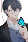  1boy bangs black_jacket blue_butterfly bug butterfly earrings formal glasses highres ik0fuj jacket jewelry lips long_sleeves marius_von_hagen_(tears_of_themis) open_mouth purple_eyes purple_hair short_hair simple_background solo string string_of_fate tears_of_themis white_background 