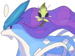  ... celebi closed_eyes closed_mouth hanging looking_back musical_note no_humans open_mouth pokemon pokemon_(creature) red_eyes spoken_ellipsis suicune tyako_089 white_background 