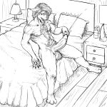  absurd_res anthro bed bedroom big_penis black_and_white bodily_fluids body_hair canid canine canis chest_hair cum cumshot drydude ejaculation furniture genital_fluids genitals hair hi_res looking_pleasured male mammal masturbation monochrome penis pleased_expression pubes solo tailless wide_hips wolf 