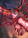 blue_eyes commentary_request energy_beam glowing highres looking_down no_humans open_mouth pokemon pokemon_(creature) smoke solo spikes talons tenhare_(braveggg) yveltal 