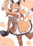  1girl animal_costume animal_ears bow bowtie caracal_(kemono_friends) caracal_ears closed_eyes dancing elbow_gloves gloves highres kemono_friends kemono_friends_v_project long_hair microphone nishuu_miri open_mouth orange_hair shirt skirt sleeveless sleeveless_shirt smile solo tail virtual_youtuber 