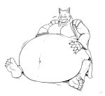  5_fingers 5_toes anthro belly big_belly bleach_(series) breath_cloud burping canid canine canis claws eyebrows fangs feet fingers hand_on_stomach hands_on_stomach hi_res huttsergreywolf hyper hyper_belly lidded_eyes line_art looking_at_belly looking_down looking_down_at_self male mammal motion_lines narrowed_eyes navel obese obese_anthro obese_male open_mouth overweight overweight_anthro overweight_male pecs sajin_komamura simple_background sitting solo teeth toes white_background wolf 