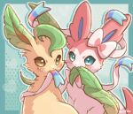  2022 blue_body blue_inner_ear blush duo eeveelution feral fur green_ears leafeon mouth_hold multicolored_ears nekonon_syano nintendo pink_body pink_ears pink_fur pink_tail pok&eacute;mon pok&eacute;mon_(species) sylveon video_games yellow_body yellow_fur 