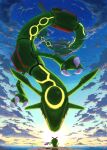  caterpie claws cliff cloud dragon eastern_dragon ewokakukaede flower highres no_humans outdoors pokemon pokemon_(creature) purple_flower rayquaza sky sunset twilight 