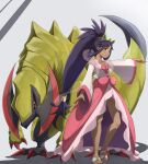  1girl bangs bare_legs brown_eyes closed_mouth commentary_request dark-skinned_female dark_skin dress hair_rings haxorus highres iris_(pokemon) itsudzumi knees long_hair long_sleeves low-tied_long_hair pokemon pokemon_(creature) pokemon_(game) pokemon_bw2 ponytail purple_hair sandals smile standing tiara toes v-neck white_dress wide_sleeves 