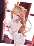  1girl ahoge animal_ears clothes_lift cuffs dress dress_lift eto_(eto96-1114) handcuffs highres indie_virtual_youtuber light_brown_hair lion_ears lion_girl lion_tail long_hair mouth_hold no_panties restrained rurudo_lion see-through smile solo sundress tail virtual_youtuber wet wet_clothes white_dress yellow_eyes 