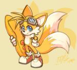  blue_eyes clothing eyewear footwear fur gingy_k_fox gloves goggles handwear hoverboard looking_at_viewer miles_prower multi_tail sega shoes solo sonic_the_hedgehog_(series) yellow_body yellow_fur 