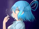  1girl blue_background blue_eyes blue_hair cigarette earrings eyebrows_visible_through_hair from_side hair_between_eyes hair_rings hand_up highres holding holding_cigarette jewelry kaku_seiga kwisshy looking_ahead medium_hair parted_lips profile purple_background simple_background smoke solo touhou upper_body vest 