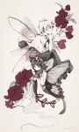  2others androgynous bangs black_hair bug butterfly butterfly_wings candle flower ghost_tail highres horns japanese_clothes lakenightbug len&#039;en monochrome multiple_others ogata_garaiya short_hair taira_no_chouki wide_sleeves wings 