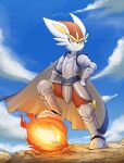  2022 ambiguous_gender armor cape cinderace clothing cloud fire fireball fur hi_res knight lagomorph land leporid mammal nintendo otakuap pok&eacute;mon pok&eacute;mon_(species) rabbit raised_leg sky smile solo video_games warrior white_body white_fur 