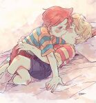  2boys bed_sheet blonde_hair blue_eyes blurry blurry_background blush boy_on_top brothers brown_shorts child_on_child claus_(mother_3) closed_eyes denim denim_shorts french_kiss highres hug incest kiss lucas_(mother_3) male_child male_focus mother_(game) mother_3 multiple_boys o_isore pillow shirt short_hair shorts siblings socks striped striped_shirt symbol-only_commentary yaoi 