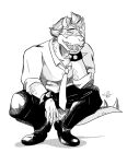  5_fingers anthro beastars black_and_white black_bottomwear black_clothing black_footwear black_pants black_shoes bottomwear bowser bracelet claws clothed clothing dress_shirt fingers footwear formal_clothing formal_wear fully_clothed hair half-closed_eyes hand_on_face hi_res horn jewelry koopa male mario_bros monochrome narrowed_eyes necktie neoruisu nintendo open_mouth open_smile pants reptile rolled_up_sleeves scalie shell-less shirt simple_background smile solo spiked_bracelet spikes topwear video_games white_background 