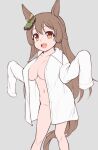  1girl animal_ears breasts brown_eyes brown_hair cleavage commentary_request grey_background horse_ears horse_girl horse_tail large_breasts long_sleeves looking_at_viewer navel open_mouth satono_diamond_(umamusume) shirt simple_background solo tail umamusume white_shirt yuki_to_hana 