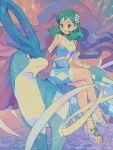  1girl bangs crossed_legs detached_sleeves green_eyes green_hair hair_ornament high_heels highres knees kris_(pokemon) long_hair looking_to_the_side miyaulait official_alternate_costume parted_lips pokemon pokemon_(creature) pokemon_(game) pokemon_masters_ex riding riding_pokemon signature sitting smile suicune symbol-only_commentary toes water 
