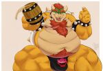  anthro belly big_belly body_hair bowser bulge chest_hair clovishusky collar hair koopa male mario_bros mature_male muscular muscular_male nintendo overweight red_hair reptile scalie solo turtle video_games 