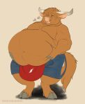  anthro belly big_belly bovid bovine brown_body brown_fur bulge cattle clovishusky fur hi_res holding_belly hooves horn male mammal obese overweight solo tongue tongue_out weight_gain 