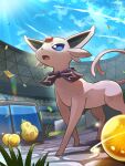  berry_(pokemon) blue_eyes cloud commentary_request confetti day espeon from_below hakkentai_pokedan highres light_rays open_mouth outdoors pokemon pokemon_(creature) pokemon_(game) pokemon_unite purple_ribbon ribbon sitrus_berry sky standing tongue 