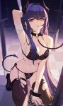  1girl absurdres arm_up armpits bangs black_bra black_legwear bra breasts choker cleavage cross cross_earrings earrings highres jewelry kneeling lance_(lancelliu) large_breasts long_hair looking_at_viewer original purple_hair red_eyes thighhighs thighs torn_clothes torn_legwear underwear 