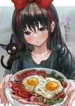  1girl alternate_hairstyle black_hair blurry blurry_background blush collarbone egg food headband highres jiji_(majo_no_takkyuubin) kiki_(majo_no_takkyuubin) long_hair majo_no_takkyuubin open_mouth plate purple_eyes saya_(mychristian2) shirt solo translation_request 