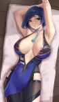  1girl absurdres armpits arms_up bangs bare_arms bare_shoulders blue_hair blush breasts cleavage commentary english_commentary genshin_impact green_eyes highres looking_at_viewer lying on_back parted_lips shikube short_hair solo yelan_(genshin_impact) 