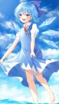  1girl :d bangs barefoot blue_bow blue_dress blue_eyes blue_hair blush bow cirno cloud cloudy_sky collared_shirt commentary day dress eyebrows_visible_through_hair foot_out_of_frame hair_between_eyes hair_bow highres holding holding_clothes holding_skirt ice ice_wings neck_ribbon puffy_short_sleeves puffy_sleeves red_ribbon ribbon shirt short_hair short_sleeves skirt sky smile solo teeth touhou upper_teeth wading white_shirt wing_collar wings y_na1211 