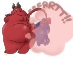  anthro belly big_belly big_butt butt demon digital_media_(artwork) duo english_text fart fart_cloud fart_fetish fingers fur glowing glowing_eyes hair horn humanoid_hands imp looking_at_viewer looking_back male male/male mammal nude overweight overweight_anthro overweight_male presenting purple_body red_body red_fur sacredsun519 simple_background size_difference smile tail text thick_thighs upside_down white_background wide_hips yellow_eyes 