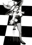  1girl animal_ears ass bangs bare_shoulders bow bowtie breasts character_request checkered_floor detached_collar fishnet_legwear fishnets full_body greyscale grin hat high_heels highleg highleg_leotard highres large_breasts leotard looking_at_viewer medium_hair monochrome pantyhose playboy_bunny puyo_(puyotopia) rabbit_ears rabbit_tail smile solo spread_legs standing strapless strapless_leotard tail top_hat wing_collar wrist_cuffs 