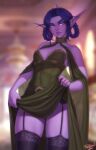  1girl artist_name avatar_(wow) bare_shoulders black_garter_straps black_legwear blurry blurry_background blush braid breasts clothes_lift colored_skin commentary dress dress_lift elf english_commentary garter_straps green_dress highres lingerie long_hair looped_braids night_elf_(warcraft) no_panties personal_ami pointy_ears purple_eyes purple_hair purple_skin small_breasts solo thighhighs twin_braids underwear warcraft world_of_warcraft 