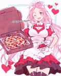  1girl ahoge apron black_dress blue_border border box cleavage_cutout clothing_cutout collared_dress commission dress food hand_on_hip heart holding holding_box layered_dress long_hair looking_at_viewer maid maid_apron numbers_(pigpenandpaper) one_eye_closed open_mouth original pink_hair pizza pizza_box pizza_hut puffy_short_sleeves puffy_sleeves red_dress shiny shiny_clothes shiny_legwear short_sleeves simple_background smile solo thick_eyebrows thighhighs twitter_username very_long_hair white_background 