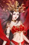  1girl bare_shoulders brown_hair cai_lin_(doupo_cangqiong) doupo_cangqiong eyeshadow hair_ornament highres long_hair looking_at_viewer makeup navel pointy_ears red_tube_top smile solo strapless tube_top upper_body ye_xiao_hua 