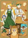  2boys 2girls apron black_footwear blonde_hair bread brown_apron brown_headwear brown_pants butch_(pokemon) cassidy_(pokemon) collared_shirt commentary dress earrings food framed green_dress hand_on_hip hat highres holding holding_tray james_(pokemon) jessie_(pokemon) jewelry long_hair long_sleeves meowth minato_(mntnm) multiple_boys multiple_girls pants pokemon pokemon_(anime) pokemon_(creature) pokemon_journeys raticate shirt shoes socks tray twintails waist_apron white_shirt wobbuffet 