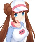  1girl bangs banned_artist blue_eyes blush bow breasts brown_hair collarbone commentary double_bun long_hair pink_bow pokemon pokemon_(game) pokemon_bw2 raglan_sleeves rosa_(pokemon) shirt simple_background smile solo takahara twintails upper_body visor_cap white_background 