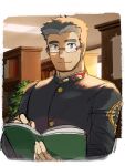  1boy black_eyes black_hair book border closed_mouth commentary gakuran glasses hand_wraps highres holding holding_book library looking_at_viewer male_focus nizitarosan outside_border rimless_eyewear school_uniform shiro_(housamo) short_hair sideburns smile solo thick_eyebrows tokyo_afterschool_summoners upper_body white_border 