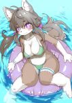  2022 4_toes 5_fingers ahoge anthro barefoot big_breasts bikini blush breasts brown_body brown_fur brown_hair canid canine canis cleavage clothed clothing feet female fingers fluffy fur gloves_(marking) hair hi_res high-angle_view inflatable inner_ear_fluff inner_tube kemono koorinezumi lace leg_markings legband long_hair looking_at_viewer mammal markings multicolored_body multicolored_fur navel nipple_outline partially_submerged paws purple_eyes socks_(marking) solo swimwear thighband toes tuft twintails_(hairstyle) two_tone_body two_tone_fur water white_body white_fur wolf wristband 