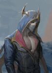  clothing_aside high_noon_talon highres hood horns league_of_legends mask mouth_mask pectoral_cleavage pectorals prestige_edition_(league_of_legends) rrrr46621358 simple_background talon_(league_of_legends) white_hair 