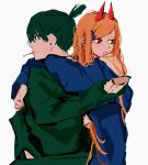  +_+ 1boy 1girl armless bangs black_hair blue_jacket carrying carrying_person chainsaw_man cigarette ear_piercing green_jacket hair_between_eyes hair_ornament hairclip hayakawa_aki highres horns hug hug_from_behind jacket long_hair looking_ahead looking_to_the_side no_arms orange_hair pecopecosupipi piercing power_(chainsaw_man) red_eyes red_horns short_hair simple_background sleeve_cuffs sleeves_past_fingers sleeves_past_wrists smoking swept_bangs topknot white_background 