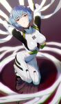  1girl absurdres arms_behind_head arms_up artist_request ayanami_rei blood blue_hair bodysuit bound bound_arms breasts highres interface_headset kneeling looking_at_viewer medium_breasts neon_genesis_evangelion plugsuit pool_of_blood red_eyes reflection ribbon skin_tight solo white_bodysuit white_ribbon 