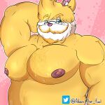  adamthefool anthro barazoku big_breasts bodily_fluids breasts eyewear facial_hair father fur glasses hair hi_res husband male male/male musclegut muscular muscular_anthro muscular_male mustache nipples nude parent pecs smile solo sweat yellow_body 