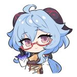  1girl :&gt; ahoge bell blue_hair chibi detached_sleeves eyebrows_visible_through_hair ganyu_(genshin_impact) genshin_impact glasses horns looking_at_viewer lowres minoa_(lastswallow) neck_bell purple_eyes solo upper_body white_background white_sleeves 