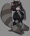  anthro breasts cleavage clothed clothing facial_piercing fangs feral green_eyes hair hi_res kneeling mammal non_nude nose_piercing nose_ring piercing procyonid pulilimo_(pulilimo) raccoon shirt smile topwear underwear 
