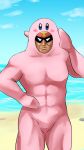  1boy 1other beach captain_falcon cowboy_shot highres kirby kirby_(series) looking_at_viewer mouthful_mode mp893 muscular ocean salute super_smash_bros. what 
