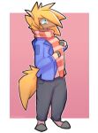  2022 anthro artist_name blue_eyes bottomwear clothed clothing digital_media_(artwork) equid equine fully_clothed hi_res horse male mammal pants pink_background scarf simple_background solo zander_(zhanbow) zhanbow 