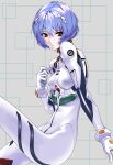  1girl absurdres ayanami_rei blue_hair bodysuit breasts commentary_request covered_nipples derivative_work feet_out_of_frame from_side hair_between_eyes highres interface_headset looking_at_viewer neon_genesis_evangelion plugsuit red_eyes short_hair sitting skin_tight small_breasts solo tena_(tena_0711) white_bodysuit 