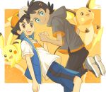  2boys :d ash_ketchum bangs black_hair black_pants blue_eyes blue_jacket blue_shorts brown_eyes closed_mouth eyelashes goh_(pokemon) grey_footwear grey_shirt hat highres holding_hands jacket male_focus minato_(mntnm) multiple_boys open_mouth orange_headwear orange_legwear pants pikachu pokemon pokemon_(anime) pokemon_(creature) pokemon_journeys raichu shirt shoes short_hair short_sleeves shorts sleeveless sleeveless_jacket smile socks split_mouth t-shirt teeth tongue upper_teeth white_shirt 