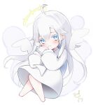  1girl ahoge angel bangs blue_eyes chibi closed_mouth cup hair_between_eyes halo highres indie_virtual_youtuber long_hair long_sleeves looking_at_viewer mashiro_rei retorillo solo teacup virtual_youtuber white_hair wings 