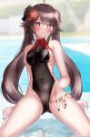  1girl bangs bare_shoulders black_swimsuit blush breasts brown_hair covered_navel flower genshin_impact hair_flower hair_ornament highleg highleg_swimsuit highres hu_tao_(genshin_impact) licking_lips long_hair looking_at_viewer one-piece_swimsuit plum_blossoms pool poolside red_eyes shirosaba small_breasts smile solo swimsuit symbol-shaped_pupils thighs tongue tongue_out twintails very_long_hair wet 