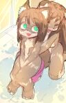  anthro bathing bathroom blue_eyes blush brown_hair canid canine canis duo ediblerabbit female grey_body hair hi_res inner_ear_fluff male mammal multicolored_body nude open_mouth puddle sibling sitting tuft wet wet_body white_body wolf 
