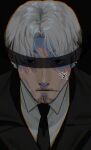  1boy bangs black_background black_coat black_necktie blindfold chainsaw_man coat collared_shirt curtained_hair ear_piercing eyes_visible_through_eyewear facial_hair formal grey_hair highres kishibe_(chainsaw_man) looking_at_viewer necktie piercing scar scar_on_cheek scar_on_face serious shirt simple_background solo suit ufufuahaha_okg white_shirt 