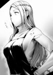 1girl apron breasts commentary_request covered_collarbone expressionless greyscale highres long_hair long_sleeves medium_breasts monochrome original puyo_(puyotopia) solo straight_hair sweater translation_request turtleneck turtleneck_sweater upper_body 